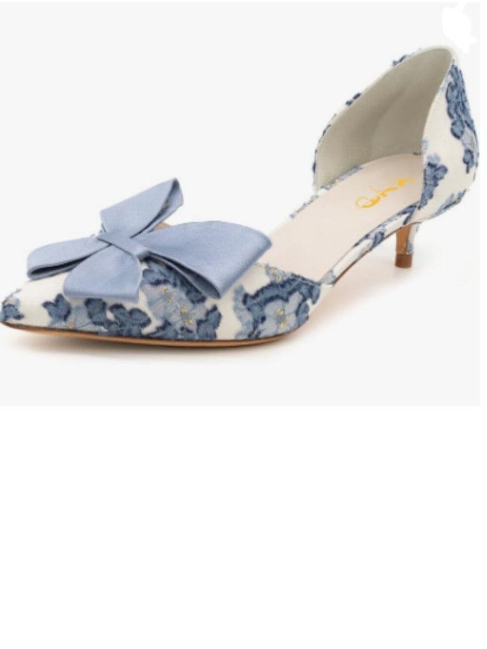 XYD Blue Floral Satin Bow Pointed Kitten Heel Pump